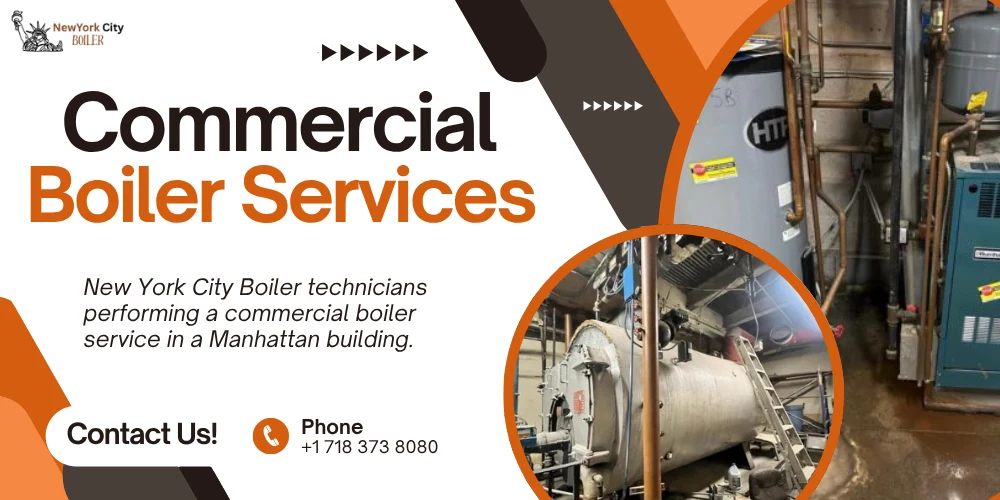 Promotional image for New York City Boiler showcasing commercial boiler services in Manhattan. The image features professional technicians working on large industrial boilers and heating systems. Includes contact information: phone +1 718 373 8080 and highlights expert commercial boiler maintenance and repair.